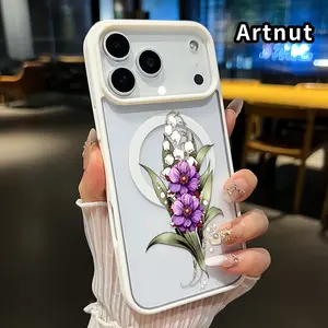 Magnetic Phone Case for iPhone 17 Air 16 Pro Max 15 16E 14 Plus 13 12 Mini 11 Promax X XS XR XSMax Lily - of - the - Valley and Purple Flowers Bouquet Pattern Transparent Acrylic Back TPU Edges Drop-Proof Lightweight Cover