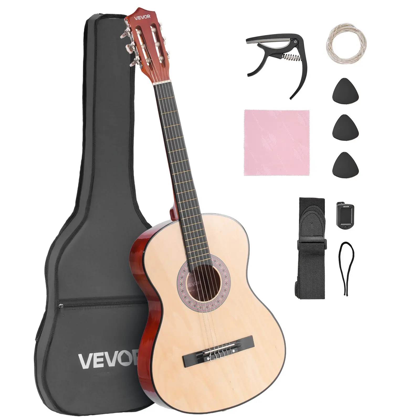 【Summerfinds】VEVOR M5831 38 In/960 Mm Basswood Maple Classical Guitar Full Kit for Beginners & Teenagers, High-Precision Tuner, Nylon Strings, Gig Bag, Shoulder Strap, Extra Strings, Pick, Capo, Natural Finish, Dust Cloth, Wooden, Easy & Accurate Tuning