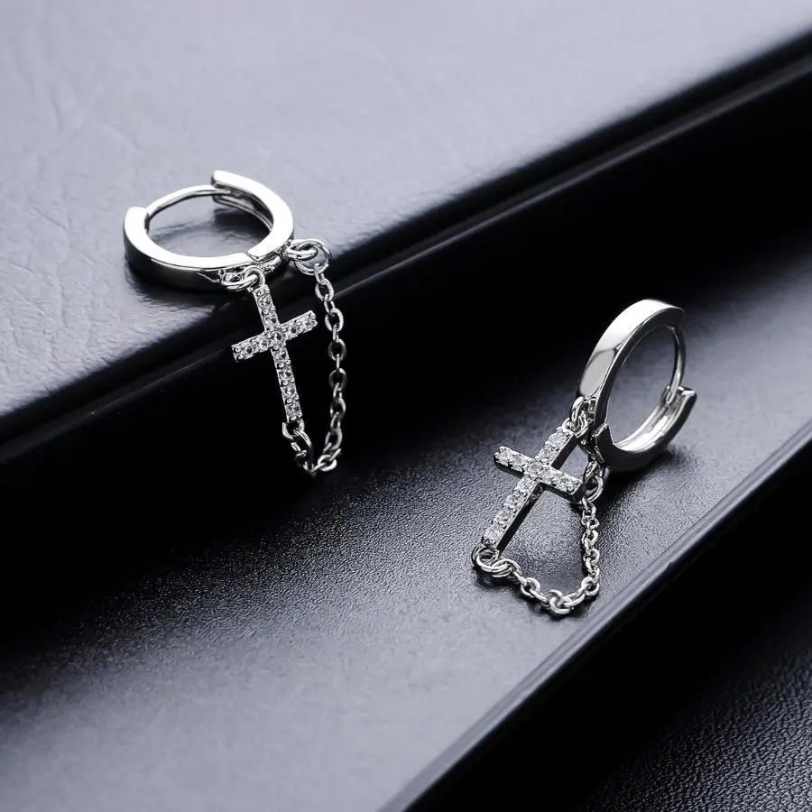 Titanium Steel Hinged Huggie Hoop Earrings Set, Punk Studded Cross Long Chain Dangle Jewelry, Unisex Men's Fashion Accessories, Studded Cross Earrings, Men's Hoop Earrings