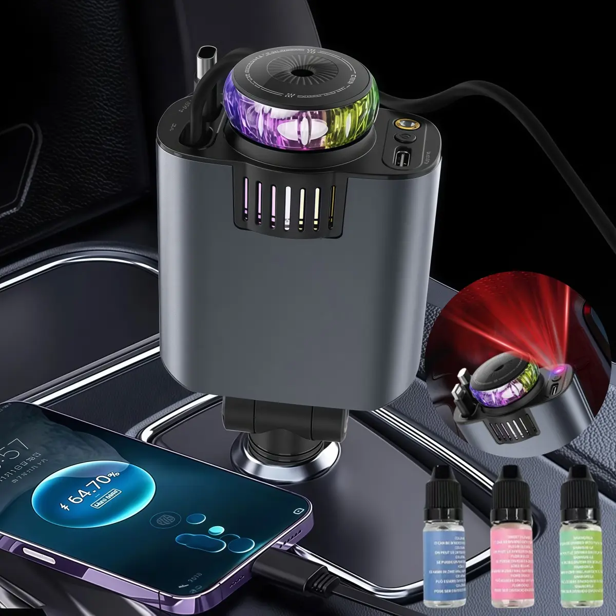 5 in 1 Retractable Car Charger with Air Freshener, LED Red Starry Sky Projector Set, 45W Type-C USB C Fast Charging Adapter, for iPhone Samsung, For BMW Chevy Ford Honda Jeep Nissan Toyota Mercedes-Benz Hyundai VW (Gulong,Shangri La,Huayang Sweetheart)