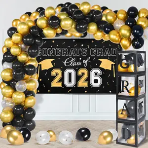 Graduation Decorations Class of 2026 ,Black and Gold Graduation Party Decorations include 4 Pcs Balloons Boxes with Letters, 110 Pcs Balloon Arch Kit and Banner backdrop for Party Favors Decor