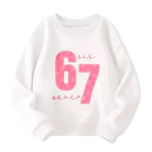Girls' Funny 67 Number Graphic Sweatshirt - Pink & Bold 67 Design with Hearts & Stars - Soft Stretch Knit Round Neck Casual Everyday & Birthday Outfit - Fall Winter Playwear - Funny Age Number Sweatshirt for Girls (67 Humor)-Trendy Street Style