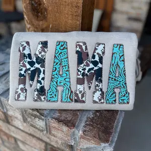 Mama embroidered cowhide and turquoise crewneck