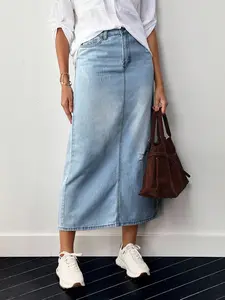 Women's New Denim Skirt Soft Comfortable Cotton Fitted Washed Ripped Craft Elegant Long Skirt, Stylish Casual Wear for Everyday Fashion