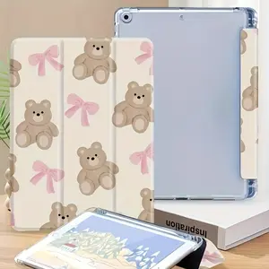 Brown bear bow pattern, with adjustable bracket and pen slot, foldable non-slip TPU protective case, suitable for iPad mini, iPad Air, iPad Pro/iPad 10th generation, 11th generation and other series iPad protective cases