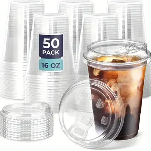 100pcs (50 Cups + 50 Lids) Plastic Drinking Cups with Strawless Sip Lids, Disposable Cold Drink Cups, BPA Free Disposable Cups with Lids for Iced Coffee