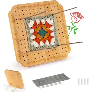 7.6 in Blocking Boards for Crochet Projects with Rose Pattern, Crochet Blocking Board with Pegs, Granny Square Blocking Board with 20 Stainless Steel Pegs, Bamboo