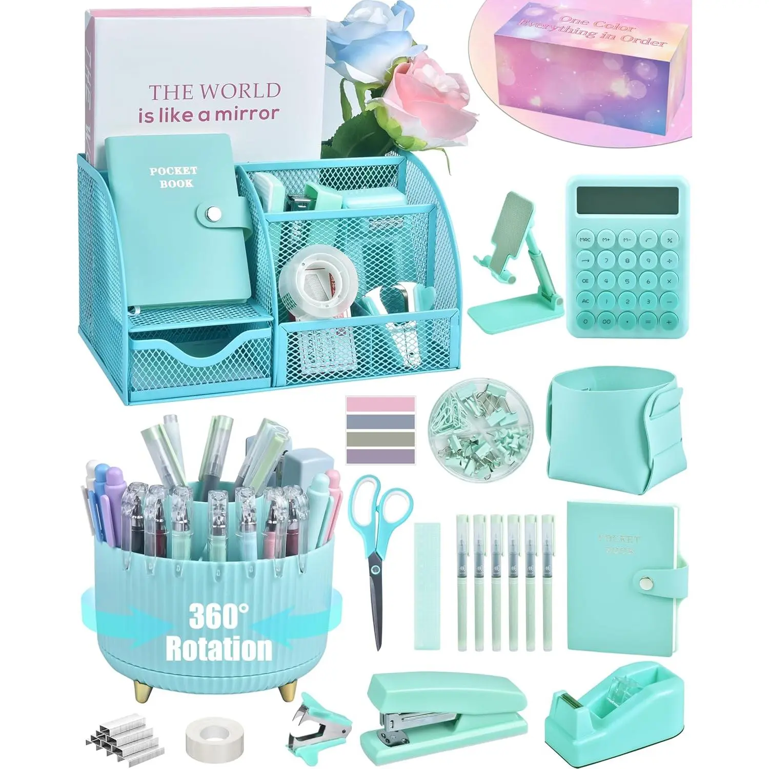 21 count Green and Blue Desk Organizers and Accessories With Mesh Desk Organizer and 360?Rotating Pen Holder and a Lot of Office Green Office Supplies Beautifully Presented in a  Box