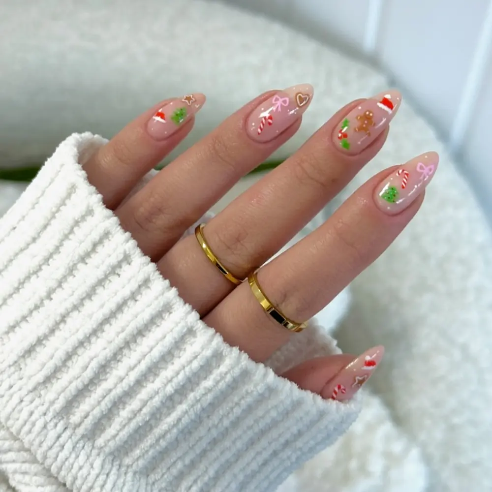 Christmas 24pcs Long Almond Press-On Nails, Gingerbread Man & Star Design, Glossy Acrylic False Nails, Includes Jelly Glue & Nail File
