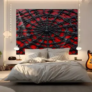 Intricate Black Spider and Web 3D Digital Print Tapestry, Eye-Catching Wall Hanging Tapestry with Sharp Angular Threads, Unique Horror Aesthetic Home Decor, Perfect for Bedroom, Living Room, and Study Spaces, Vivid Red Background, Craftsmanship Art Piece