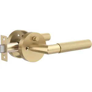 Gold Door Lever Handle – Keyless Privacy for Bedroom/Bathroom, Anti-Slip Knurled Grip, Fits Left/Right Hand Doors