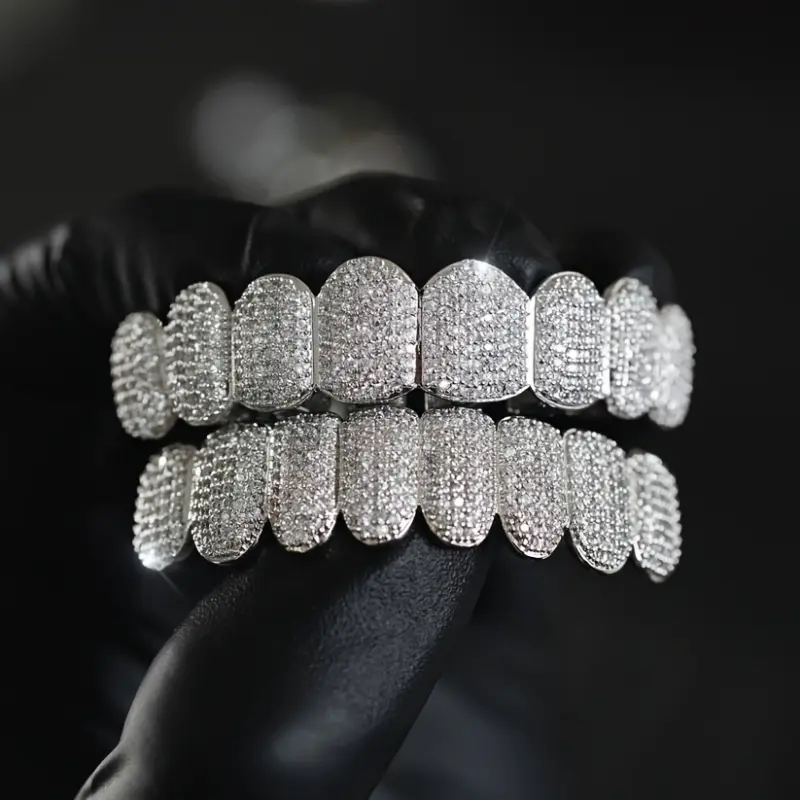 2pcs Hip Hop Bling Teeth Grillz Set - Iced Out Cubic Zirconia, Top & Bottom 8 Fang Design for Men & Women - Perfect for Parties & Gifts Oral