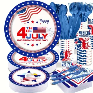New 150pcs 4th of July Party favor Tableware Set 25 Set American Flag Disposable Dinnerware Set - Patriotic Party Supply - Red Blue White Plates Napkins Cups Forks Spoons for Independence Memorial Day US Express Delivery