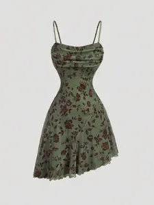 Women Olive Green Floral Vintage Short Dress – 70s Retro Style Green Dress for Casual & Party Wear