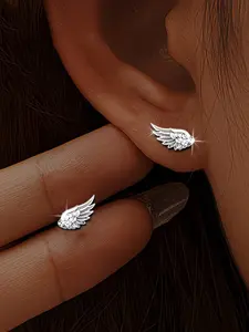 Tiny Angel Wing Studs, or Silver Color, Sparkling Crystal Detail, Perfect for Everyday Wear, Stackable Piercings