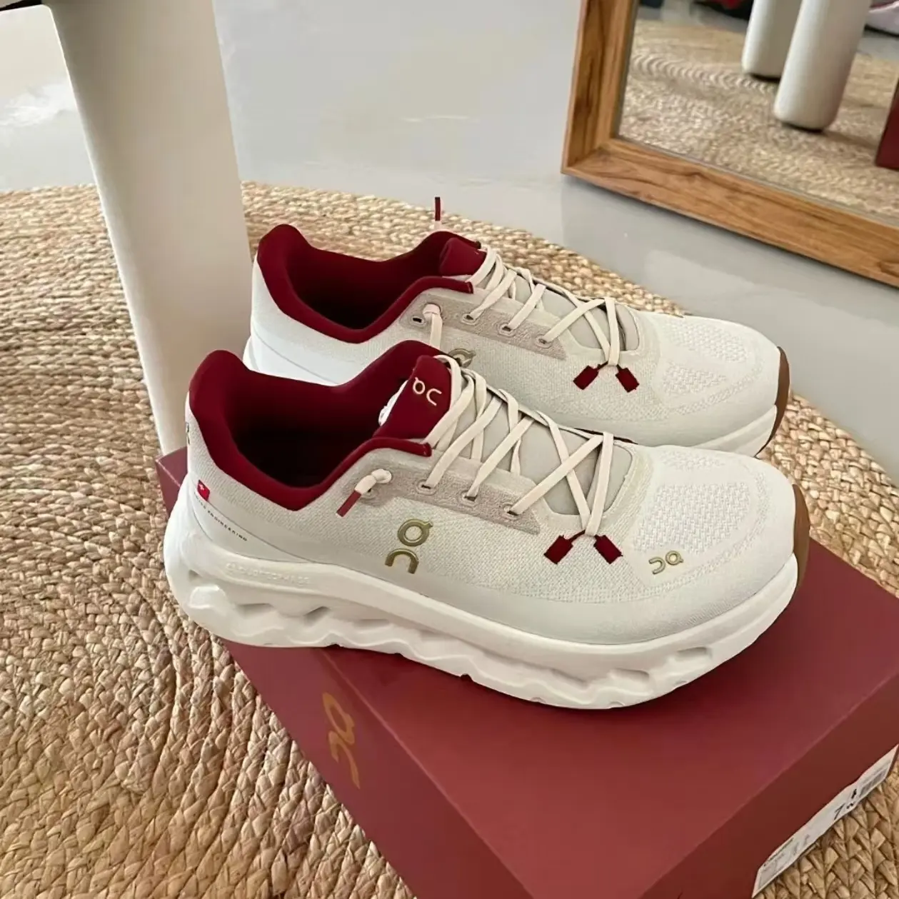Off‑White Burgundy Knit Mesh New Year Unisex Running Shoes Lightweight Thick‑Sole Non‑Slip Outdoor Training Sneakers