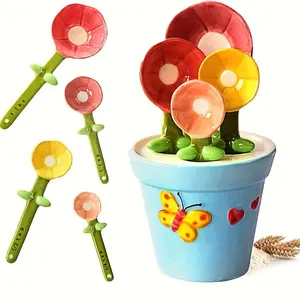 Cute Flower Design Kitchen Measuring Spoon Set, 4 Counts/set Durable Reusable Ceramic Measuring Spoon, Kitchen Baking Utensils for Home Use