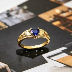 Elegant Golden-Tone Heart-Cut Blue Statement Ring for Women, Celtic-Inspired Promise Band, Perfect Bridal Jewelry Gift for Valentine's Day, Birthdays & Special Occasions