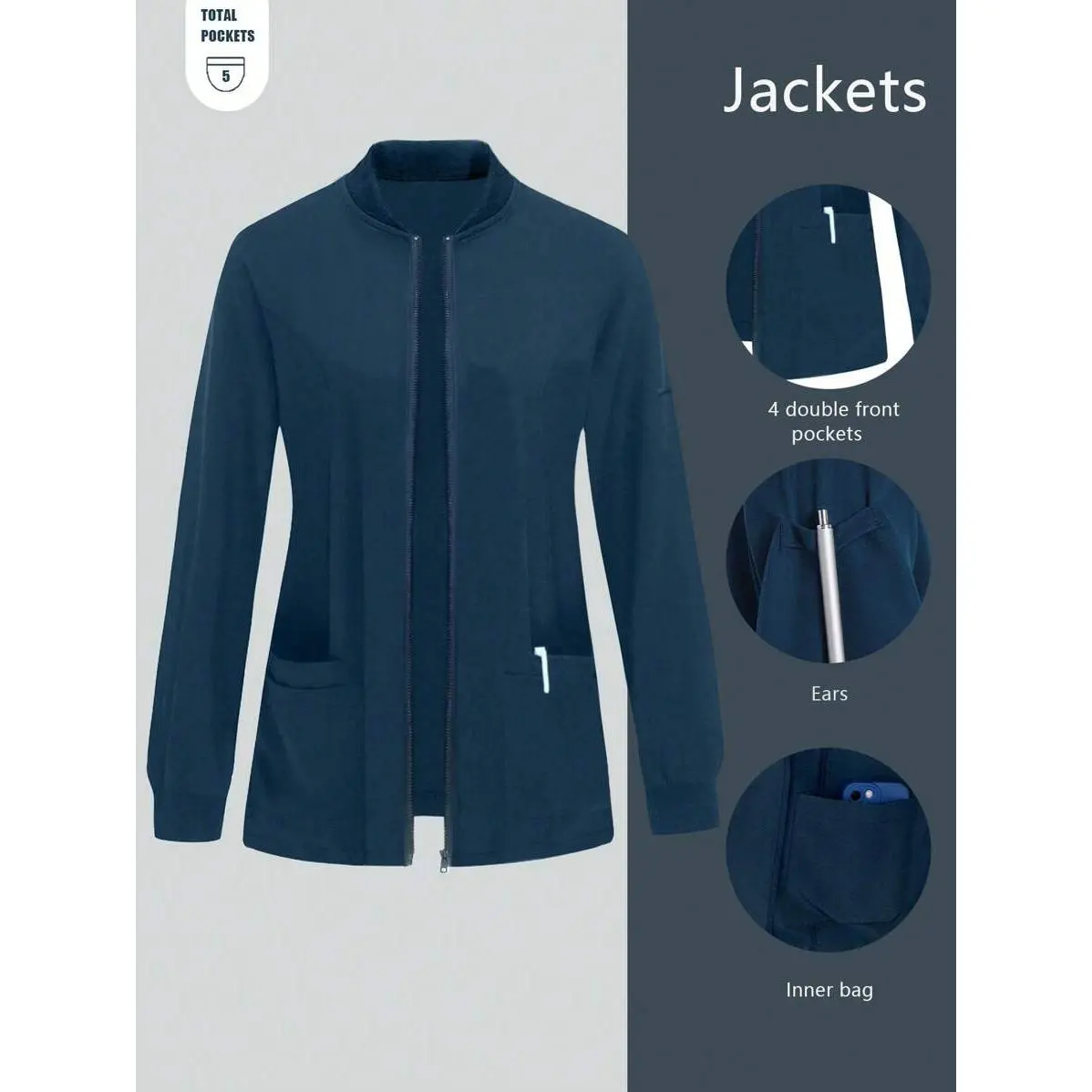 Cimmuovere 2025 Winter Fashion Navy Blue Scrubs Long-Sleeved Stand-Up Collar Zipper Waterproof Jacket with Pockets for Nurses Dentists Healthcare Professionals Workwear - Fit - Clothes Womenswear Polyester
