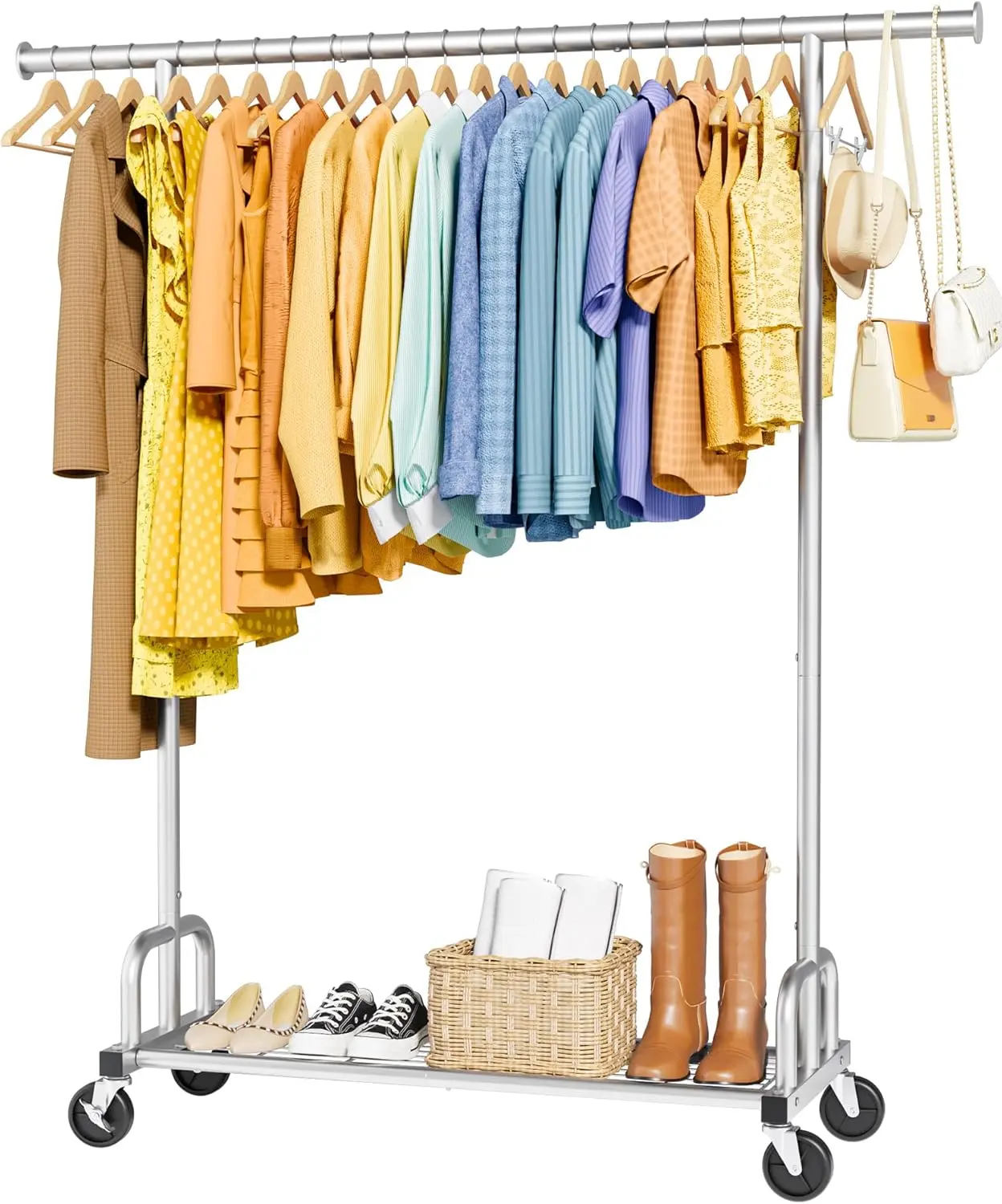 Clothes Rack - Large-Capacity Clothing Racks for Hanging Clothes with Lockable Wheels, Space-Saving Metal Coat Rack for Bedroom, Laundry Room, Entryway, 45.6" x 16.9" x 59", Silver