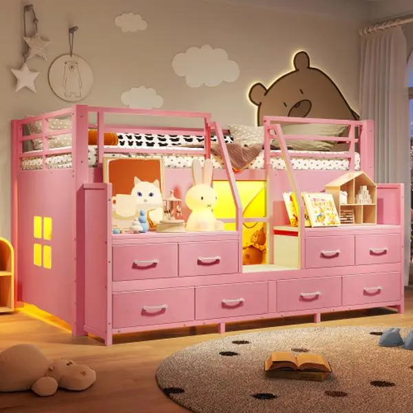 Bellemave Metal Low Loft Bed - Multi-Storage Design with Non-Woven Fabric Drawers, Shelves, Lights, Independent Under-Bed Space, No Box Spring Needed