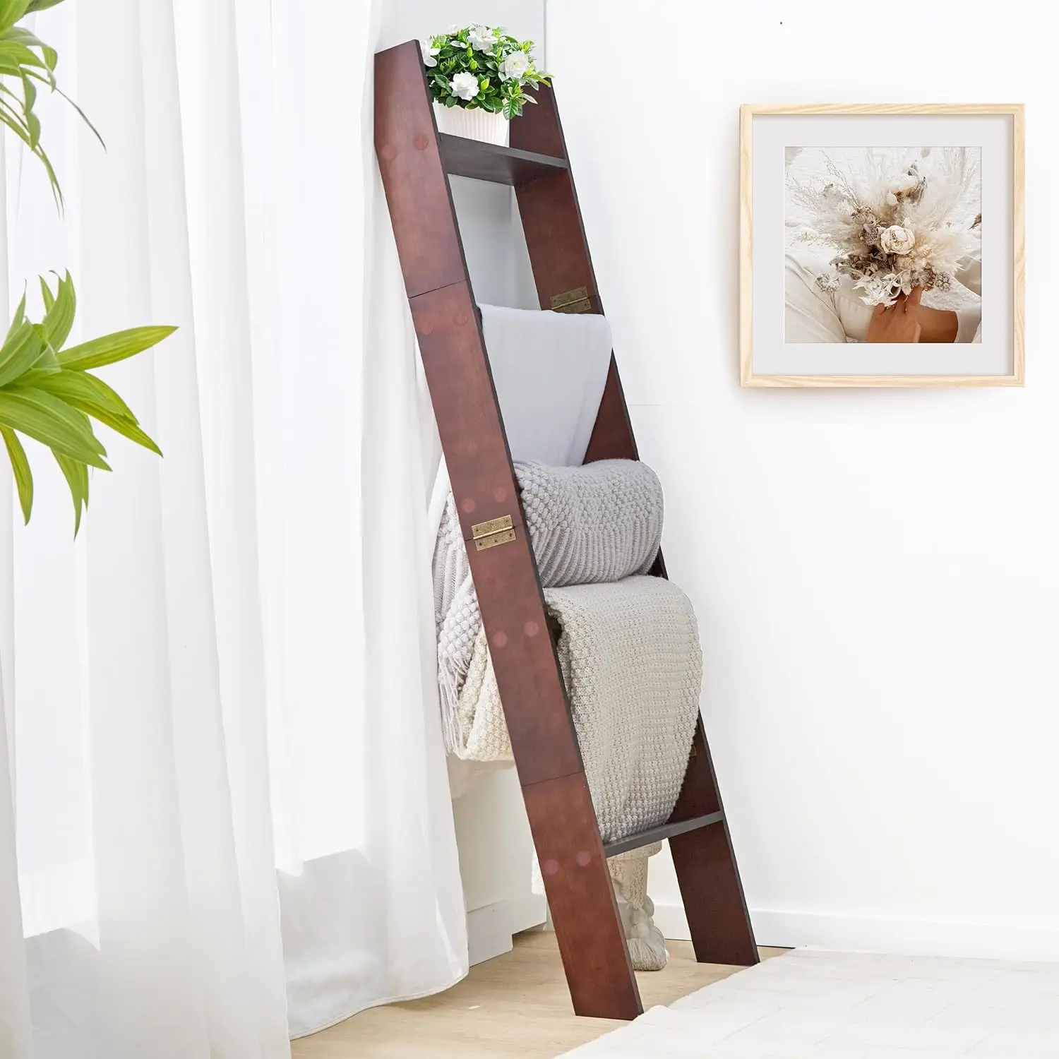 XUNIQUE 5-Tier Blanket Ladder for The Living Room, 4.8 FT Anti-Slip Decorative Ladder Shelf Leaning Quilt Rack, Lightweight, Easy Assemble, Wooden Blanket Rack (Brown)