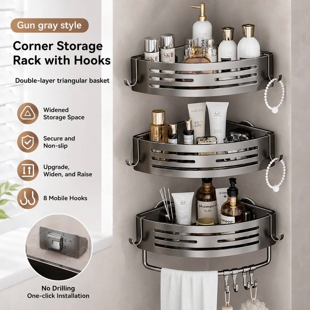 No Drill Wall Shower Organizer Rack - Premium Aluminum Hollow Smooth Corner Caddy with Strong Suction Cups, Gun Gray-1 Pack Bathroom Shelf for Toiletries, Towels & Beauty Products, Heavy Duty