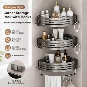 No Drill Shower Organizer Rack – Premium Aluminum Corner Shower Caddy with Strong Suction Cups, Modern Gunmetal Bathroom Shelf for Toiletries & Towels