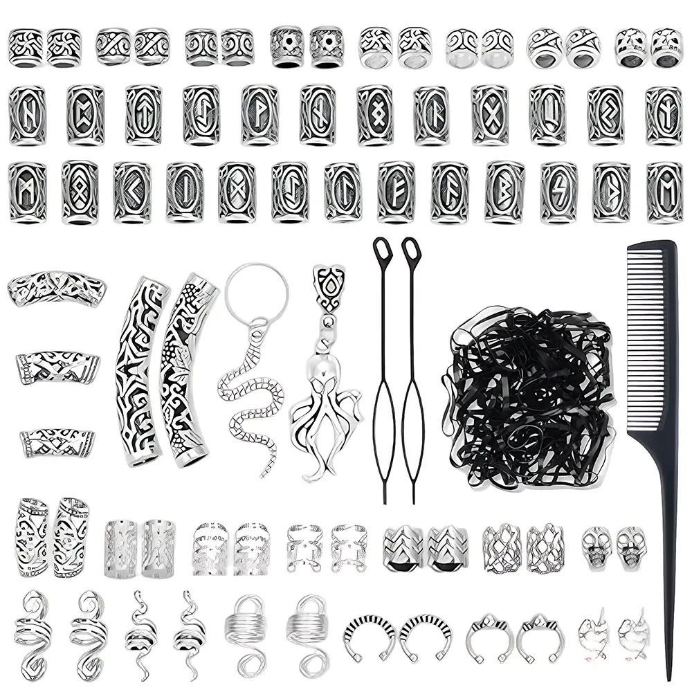 247Pcs Viking Hair Accessories Norse Runes Tube Beads Metal Cuffs Clips Rings, Dreadlock Beads Braids  Hair Jewelry Set for Women Men Beard Decoration Bracelets Necklace DIY Silver