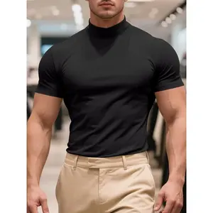 Men's Solid Turtleneck Tee, Regular Fit Casual Short Sleeve T-shirt for Summer, Men's Top for Daily Wear, TropicalGift