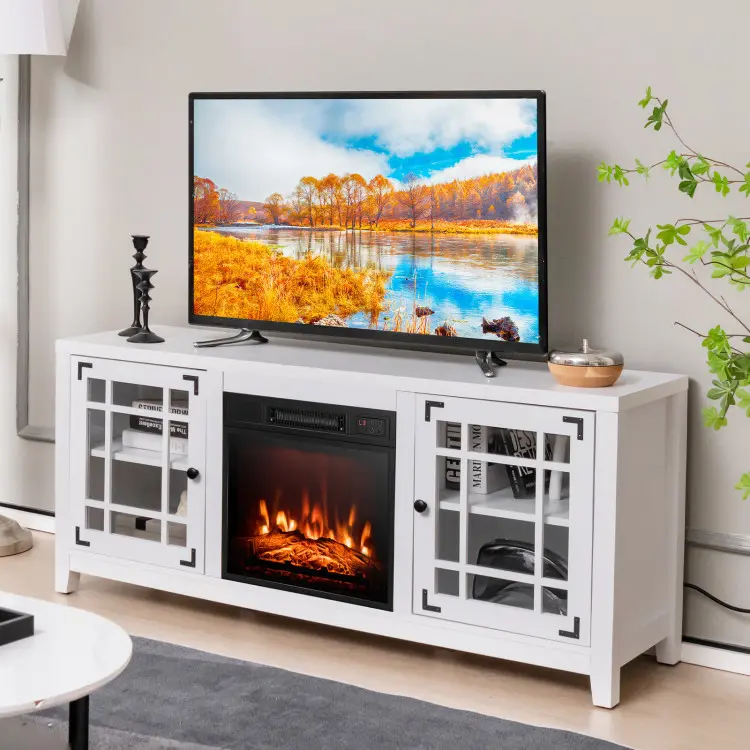 【Holiday Haul】Costway-48/58" Fireplace TV Stand for TVs up to 55/65”, Wooden TV Console with 18” Electric Fireplace, Remote Control, Adjustable Shelve