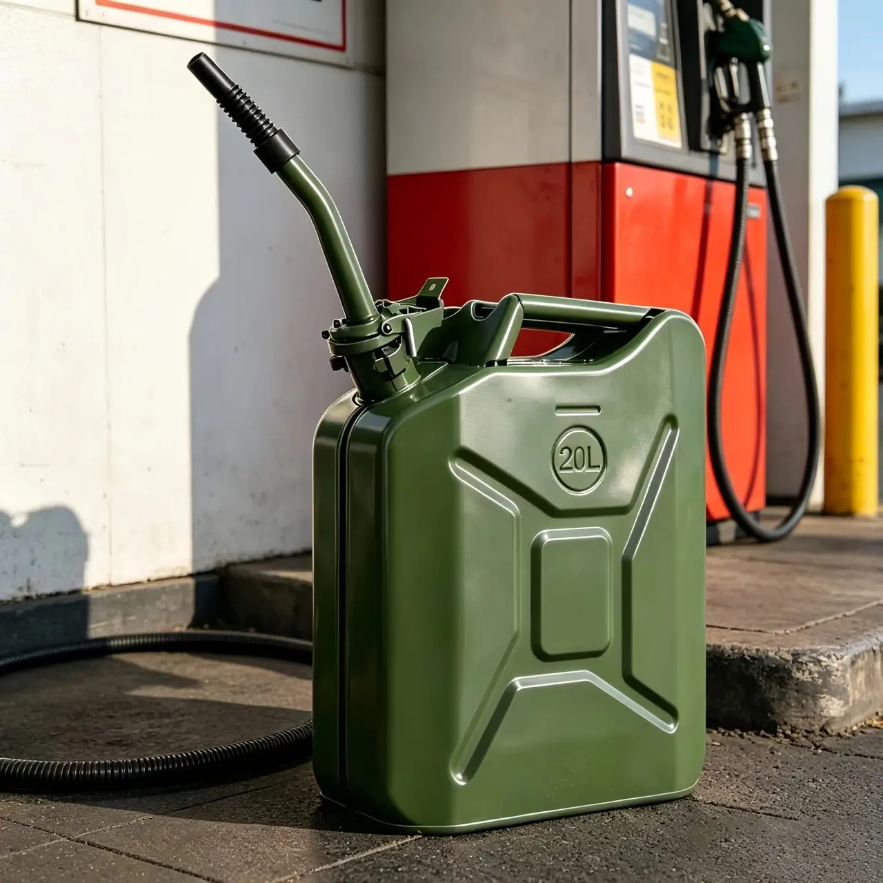 Green, 20-liter Metal Gasoline Tank With Spill-resistant, Extended Flow Control Hose For Fuel Storage. Ideal For Car Maintenance And Refueling In Garages.