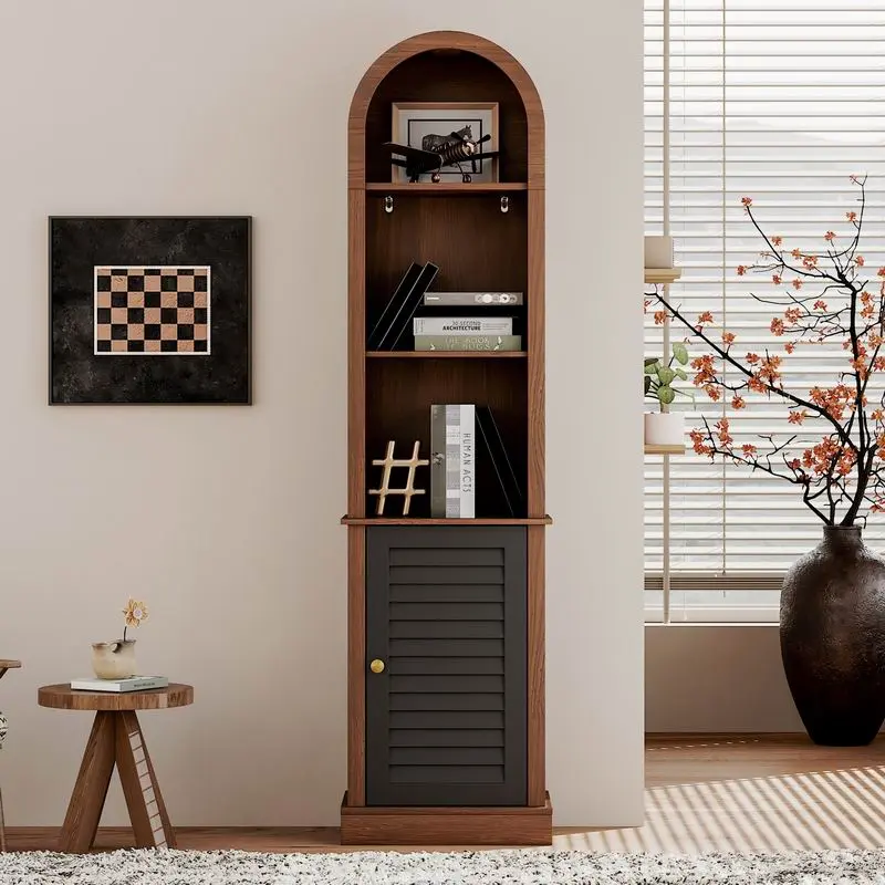 Corner Bookshelf with Arched Top and Louver Door, Narrow Wooden Display Cabinet, Freestanding Storage Unit for Living Room, Bedroom, Small Spaces, Walnut Finish, 68in Height