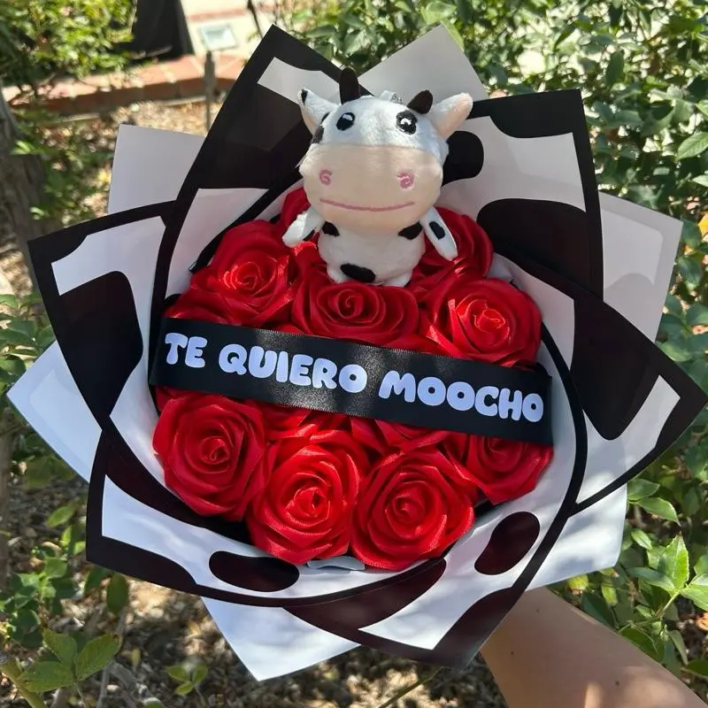 12 Ribbon Rose Bouquet with Plush Cow Keychain Customizable Message for Any Occasion Bridal Gift Wedding Gift