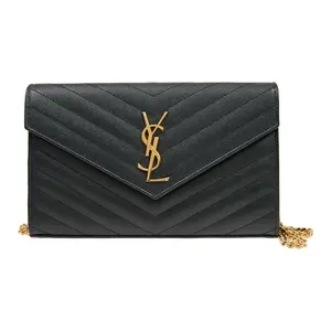 Pre-owned Yves Saint Laurent cowhide Crossbody Bags Envelope Chain Bag Medium Black Quilted Grain Leather with Monogram Logo Gold Hardware Crossbody Shoulder Bag