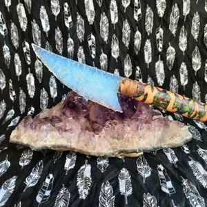 10 Inches Opalized Glass Blade Knife with Cholla Cactus Wood and Acrylic Custom Handle - Kitchen Utensil & Gadget - Knives, Wooden