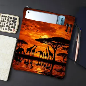 1PC Safari Sunset Giraffe Print Book Cover with Zipper Closure - Book Protector & Storage Bag, Front Pocket for Students, Teachers, Office Supplies, Book Accessories