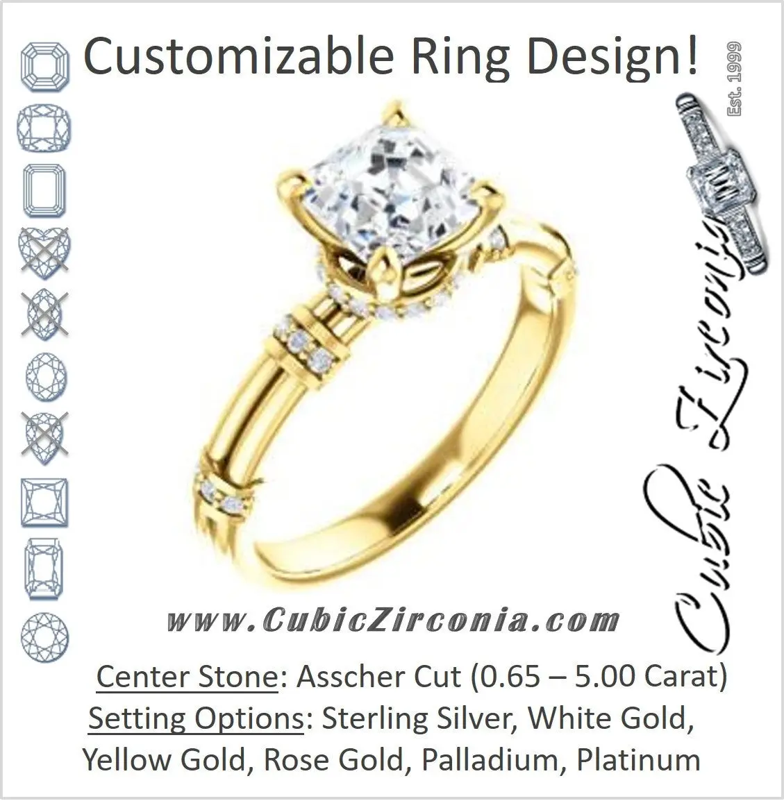 Cubic Zirconia Engagement Ring- The Jayla (Customizable Asscher Cut Style with Under-Halo & Horizontal Band Accents)