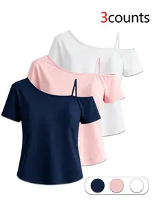 3 Piece Asymmetrical Shoulder Short Sleeve T-Shirt Set, Women's Summer Sexy Casual Top Combo, Plain Design, All Seasons, Multiple Colors Available