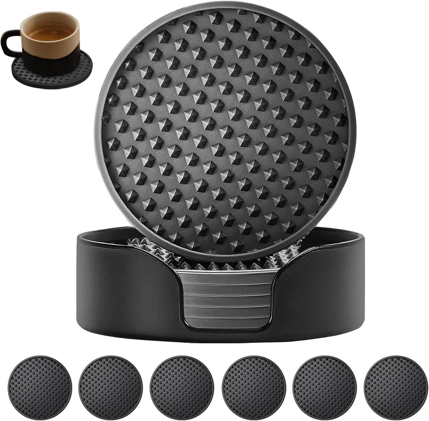 Silicone Coasters 6 Pack with Holder, Non-Slip Non-Stick Heat Resistant Cup Mat, Washable for Home Office Bar (Black) MHL416