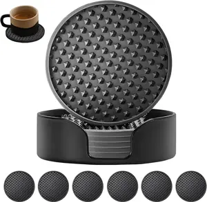 Silicone Coasters 6 Pack with Holder, Non-Slip Non-Stick Heat Resistant Cup Mat, Washable for Home Office Bar (Black) MHL416