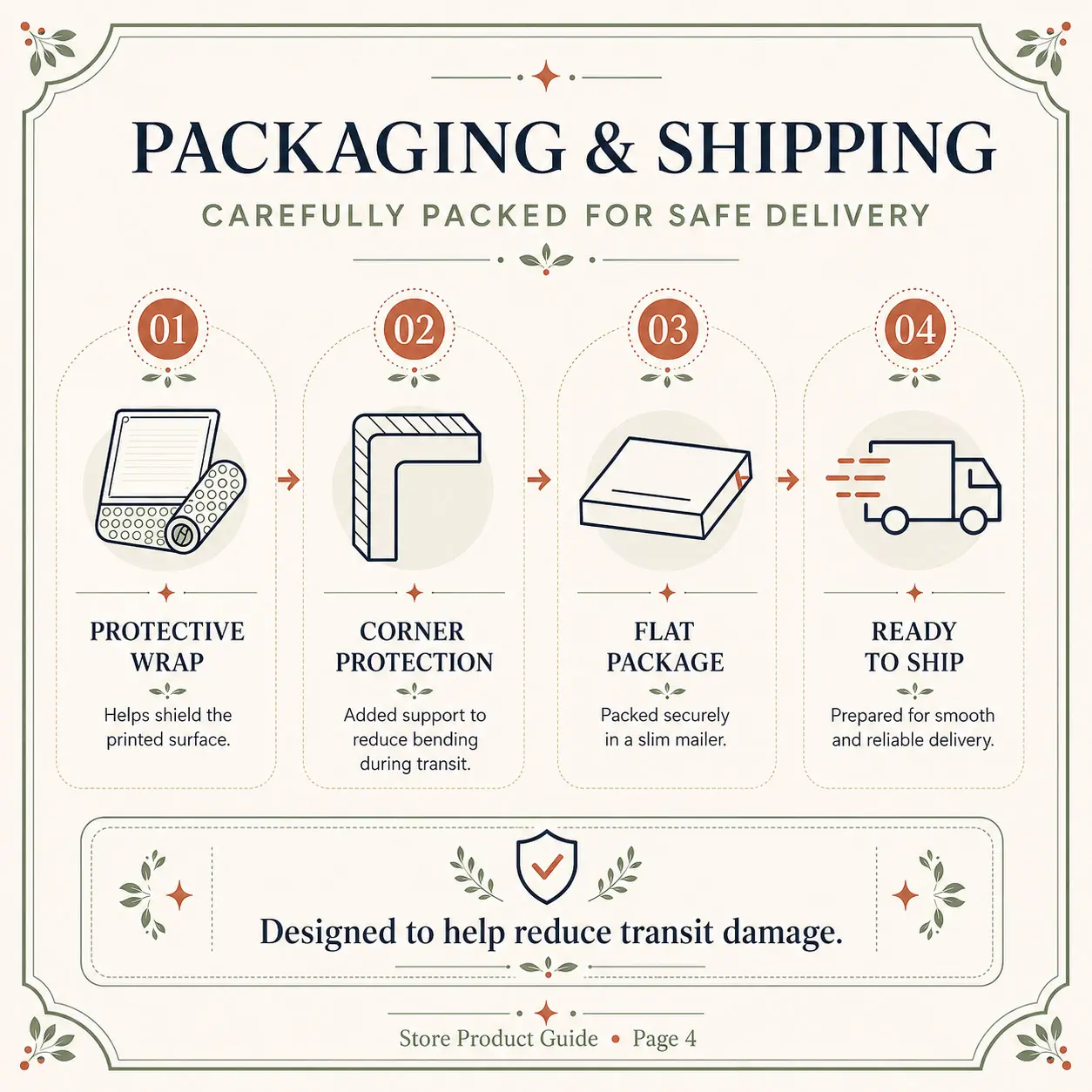 Metal Ornament Warranty & Care Card - Home Decor Plaque Cleaning Maintenance & Customer Support Guide