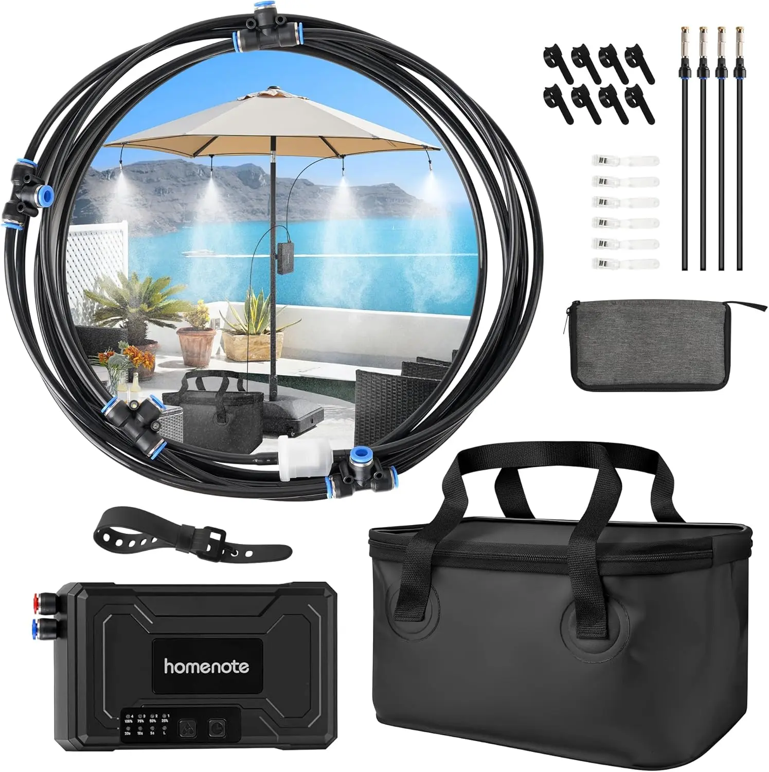 HOMENOTE Portable Misting System – 12,000mAh Pump, 20L Water Bucket, Misting Hose, 4 Brass Nozzles, Outdoor Cooling Misters for Canopy/Camping/Umbrella/Golf Cart/Dugout/Greenhouse