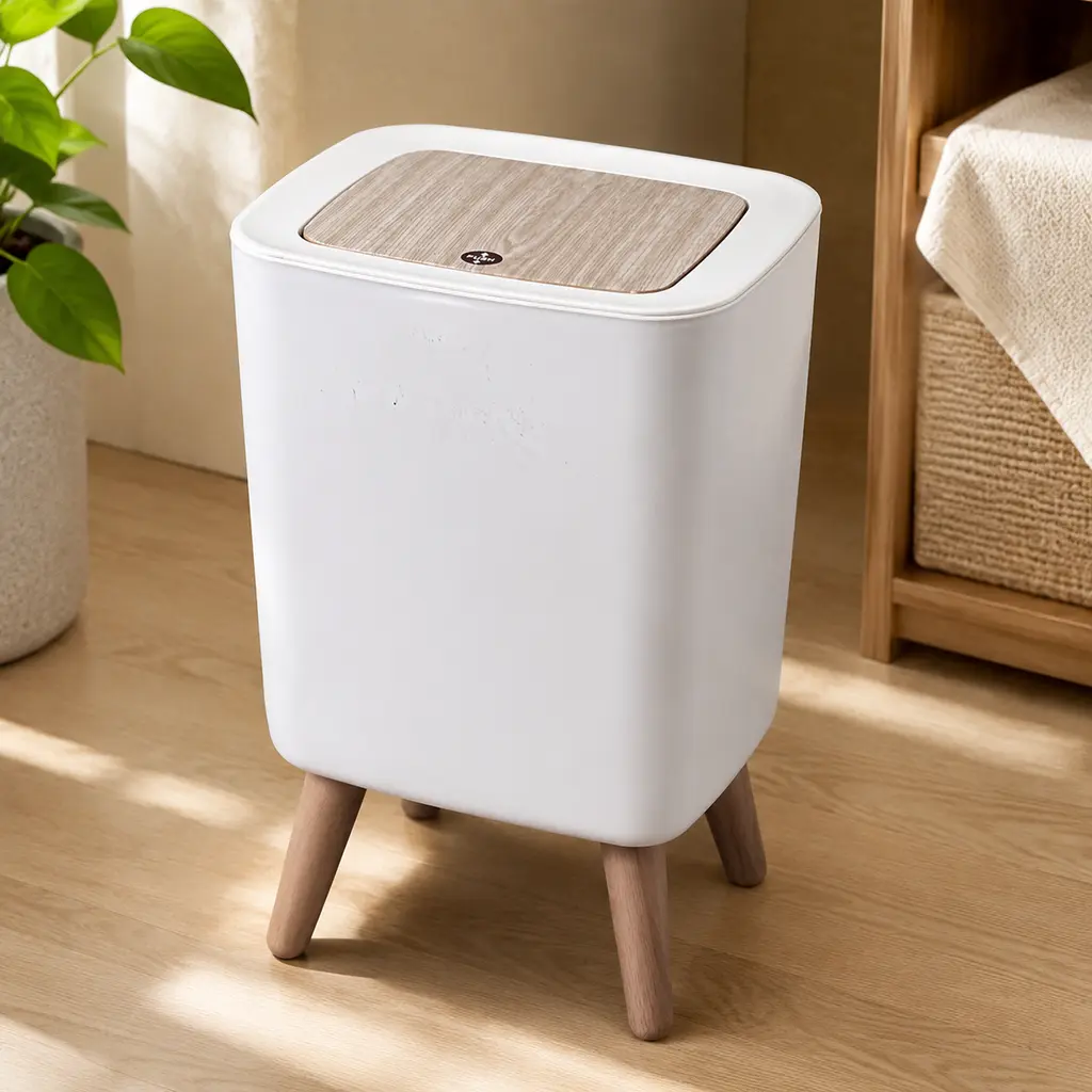 Nordic Square Press-Lid Trash Can - 12L Household Single Unit Bin with Removable Wooden Legs, 0-50cm Tall Sealed Classic Waste & Recycling Box, Modern Slim Automatic Motion Double Tilt-Out Rolling Cabinet for Bathroom-Kitchen Daily Use