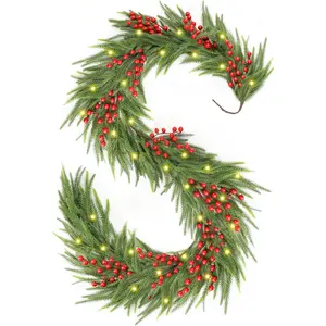 Christmas Garland 6 FT Artificial Cedar Pine Garland Realistic Winter Greenery with Red Berries Garland for Christmas Party Xmas Table Mantle Wall Room Outdoor Indoor Winter Decoration