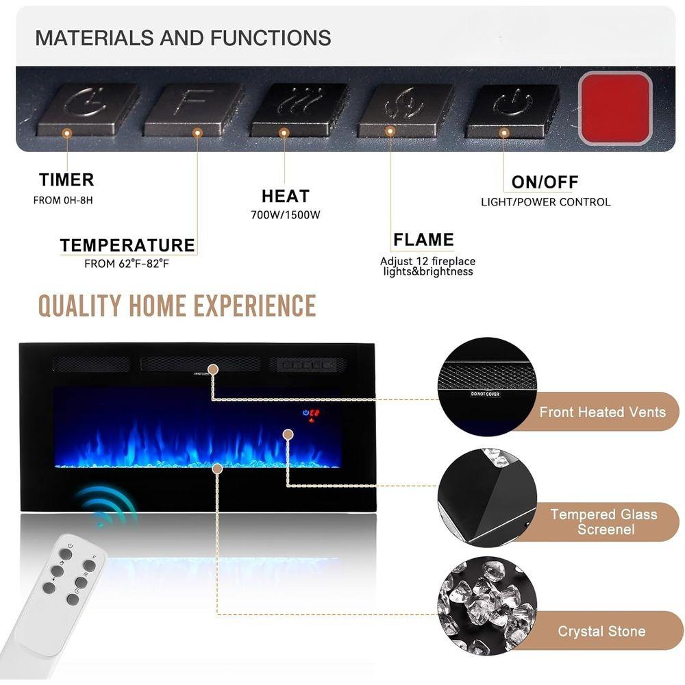 36in Electric Fireplace, LED Light Entertainment Center, Dark Wood Grain TV Stand for TVs up to 80