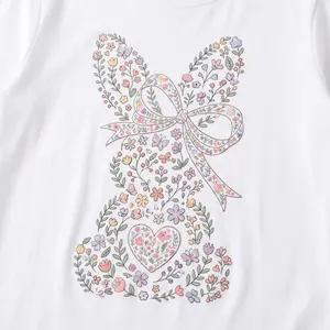 Women S casual round neck short sleeve t shirt featuring an Easter bunny with pink bow and colorful swirl print perfect for spring festival and holiday gifting