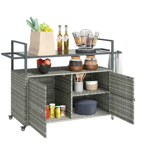 Outsunny PE Rattan Outdoor Storage Cabinet, Wicker Outdoor Bar Table Kitchen Island with Wheels & 2-Tier Shelf, Patio Serving Cart with Glass Top, Handles, Towel Racks for Poolside, Mixed Gray