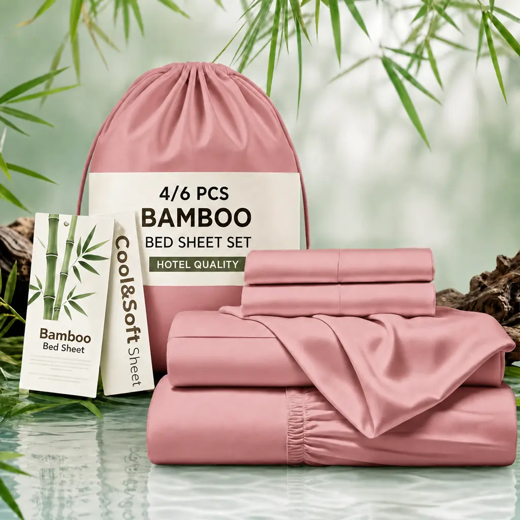 Jollyvogue 4/6-Piece Bamboo Fiber Cooling Queen-Size Bedding Set with Bamboo Sheets, Pillowcases - Breathable, Comfortable for Overheated, Sweaty Sleepers - Ideal Summer Home Pick