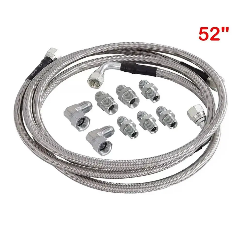 52 Inch SS Braided Transmission Cooler Hose Line Kit, AN-6 Inverted Flare Fittings, 3/8” ID Hoses with Billet Adapters, Compatible with TH350 TH400 700R4 4L60E GM Ford Mopar